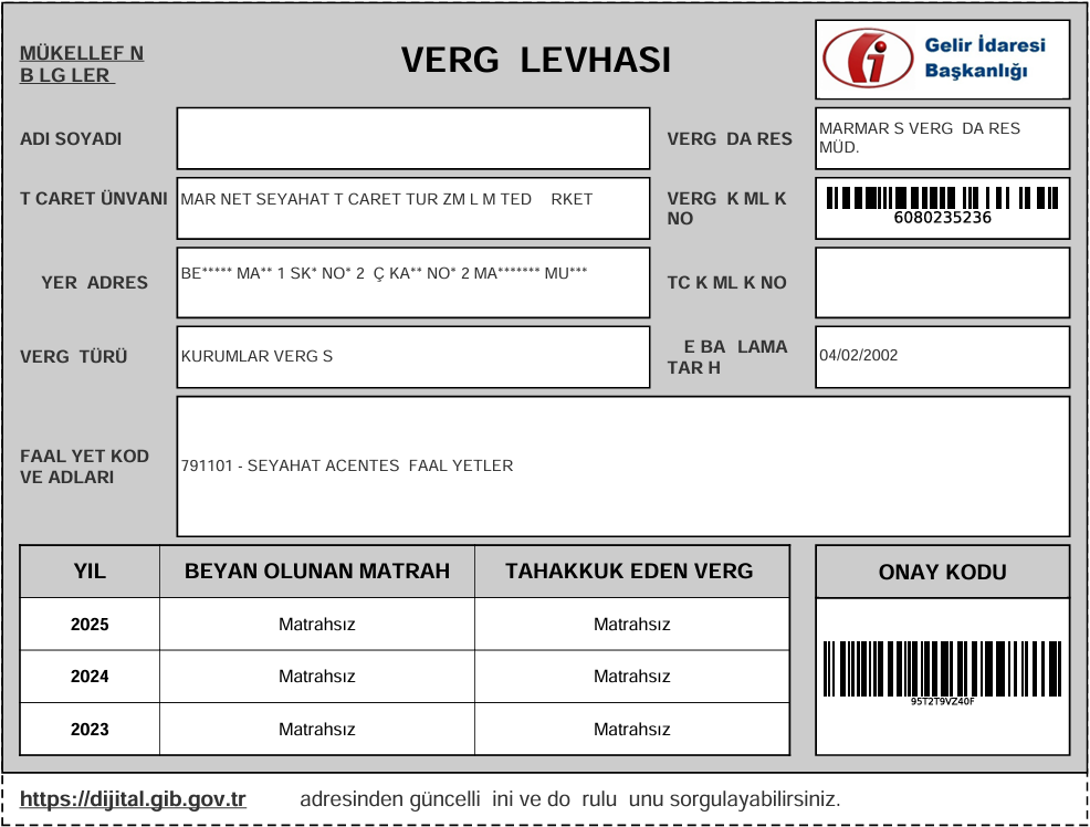 Gelir İdaresi Başkanlığı Vergi Levhası